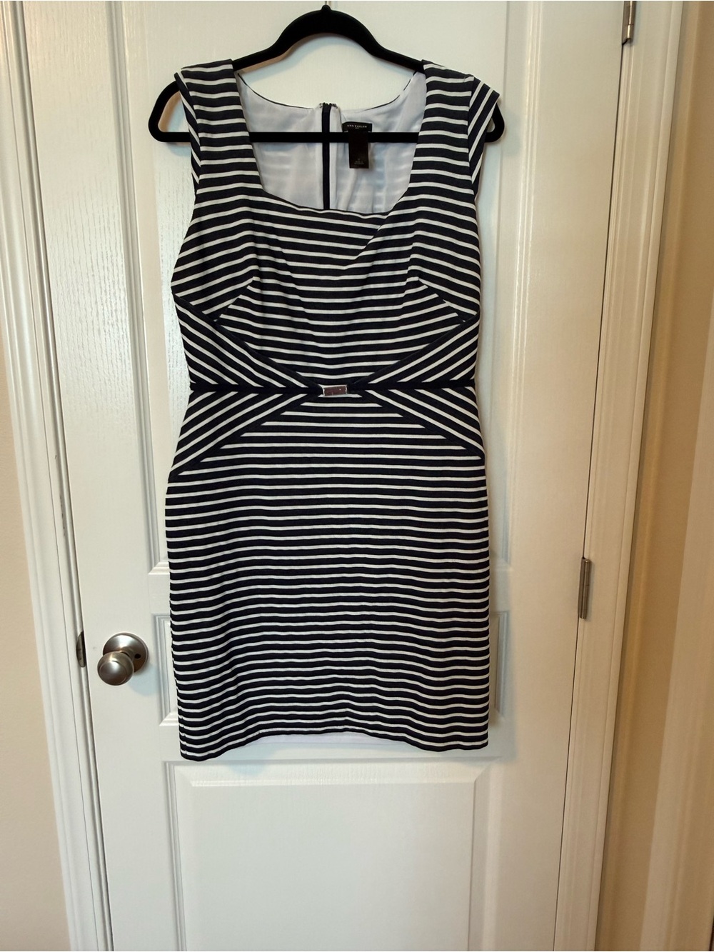 Ann Taylor Navy and White Striped Fit-and-Flare Sheath Dress